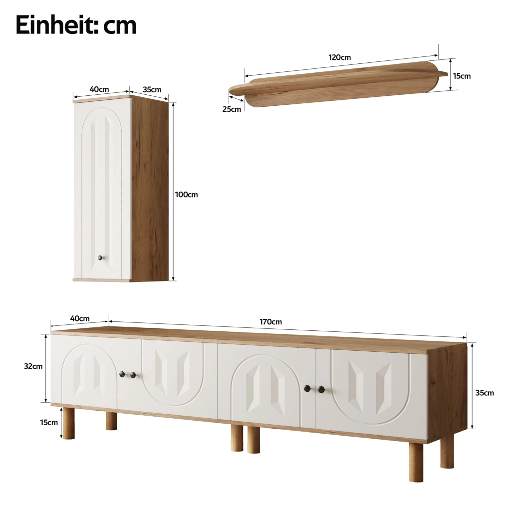 OKWISH Set Mobile TV da Parete 3 Pezzi con Mobile TV, Vetrina e Mensola, Ante Intagliate, Pannelli di Particelle Bianco e Naturale