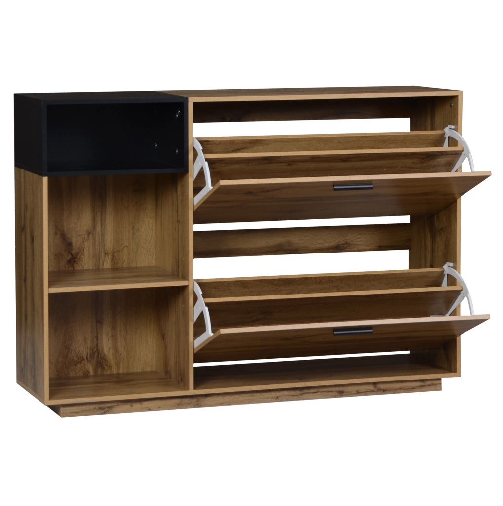 Mobile portascarpe 120x32x84;5 cm in MDF; con 3 vani aperti e 2 vani a ribalta; naturale