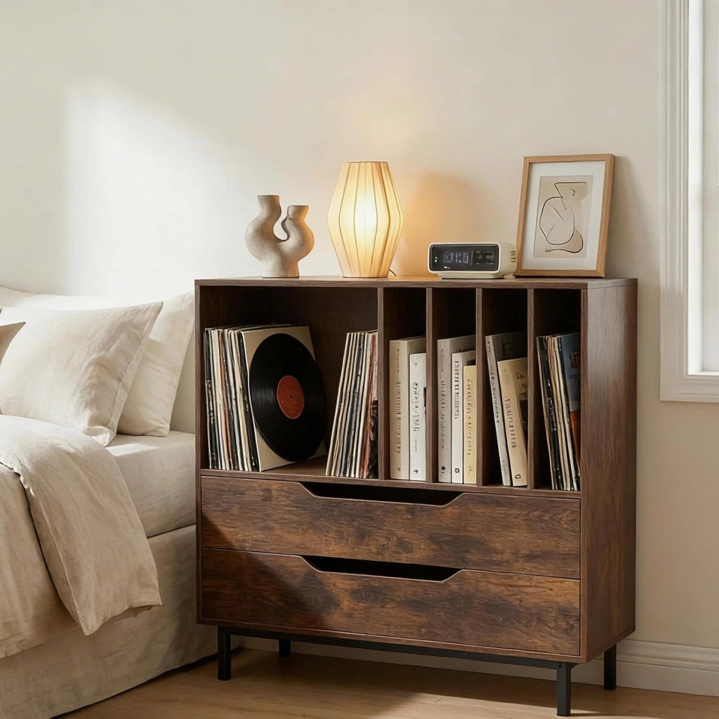 Supporto per Giradischi con Scomparto Aperto e 2 Cassetti, Mobile Vinili con Gambe in Metallo, Espositore per Dischi per Camera da Letto, Soggiorno, Studio (Marrone)