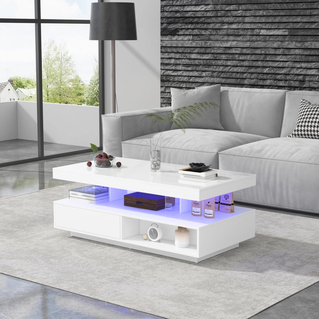 Tavolino da salotto bianco lucido 95x50x42;5 cm con 2 cassetti e 2 vani a giorno