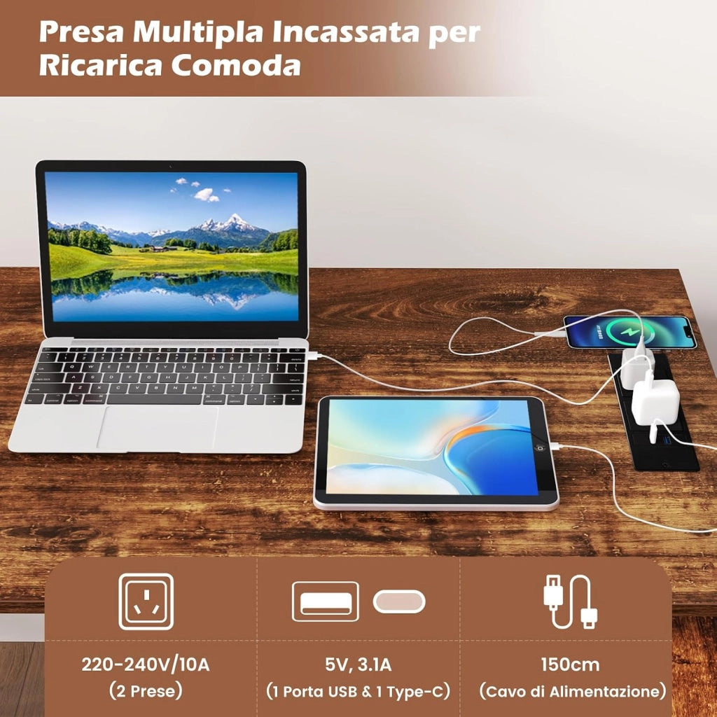 Scrivania Angolare a Forma di L con Presa di Corrente, Scrivania ad Angolo Salvaspazio e Reversibile con 3 Cassetti, Stazione da Lavoro per Ufficio a Casa (Marrone e Nero)