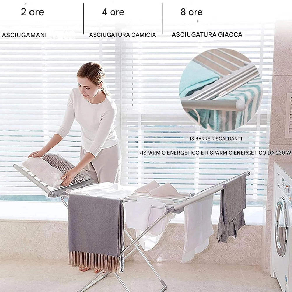 Stendibiancheria Elettrico Riscaldato 260W in Alluminio Pieghevole con Timer Lcd