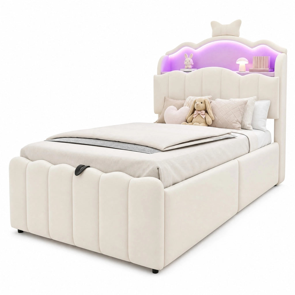 Letto per bambini imbottito 90x200 cm con contenitore idraulico; LED; USB e USB-C; beige