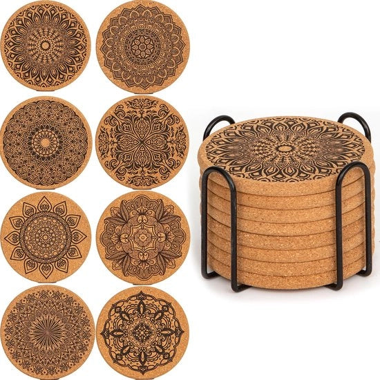 Onderzetter per cura del calore con supporto - Onderzetter per bicchieri in legno e gomma, anti-slip e assorbente, set per tavoli da caffè, sotto piatti in legno naturale marrone