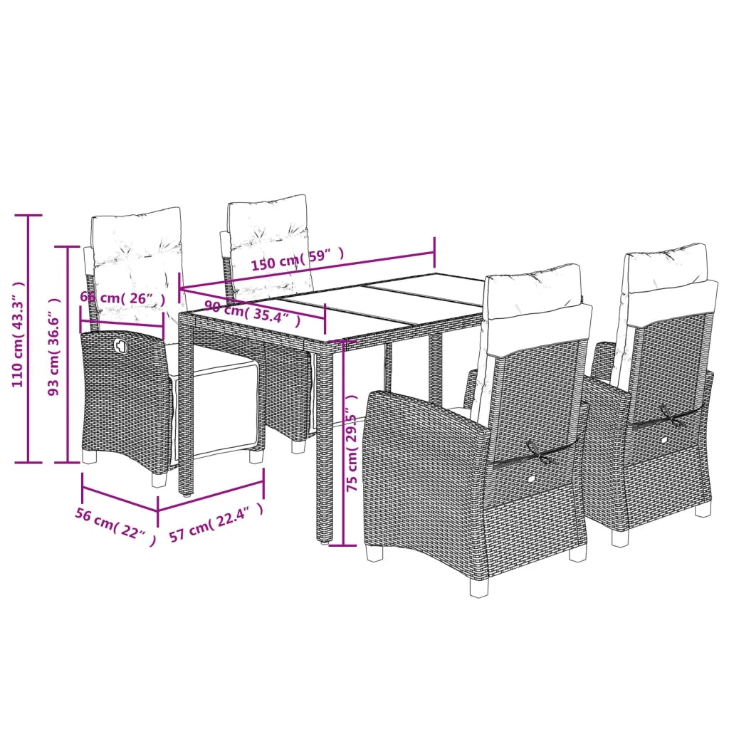 Set da Pranzo da Giardino 5 pz con Cuscini in Polyrattan Grigio