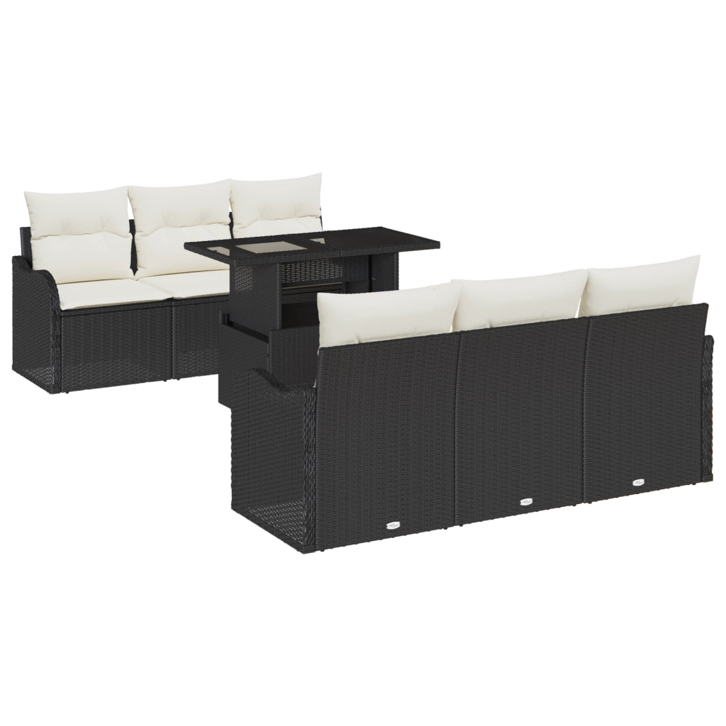 Set Divano da Giardino con 7 Pezzi e Cuscini Nero Rattan Polyrattan