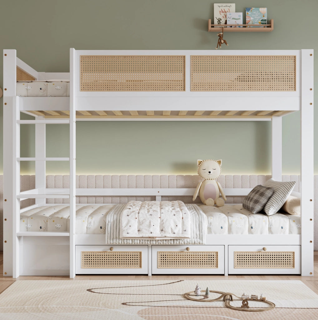 Letto a castello 90x200 cm con 3 cassetti e sponde di sicurezza; bianco e naturale