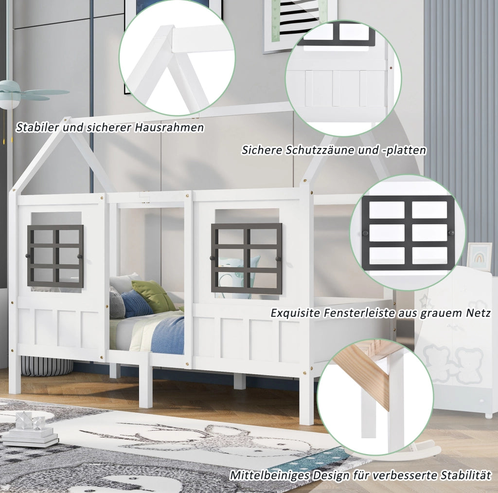 Letto singolo a casetta con 2 cassetti e finestre; 207x97x174 cm; pino e MDF; bianco