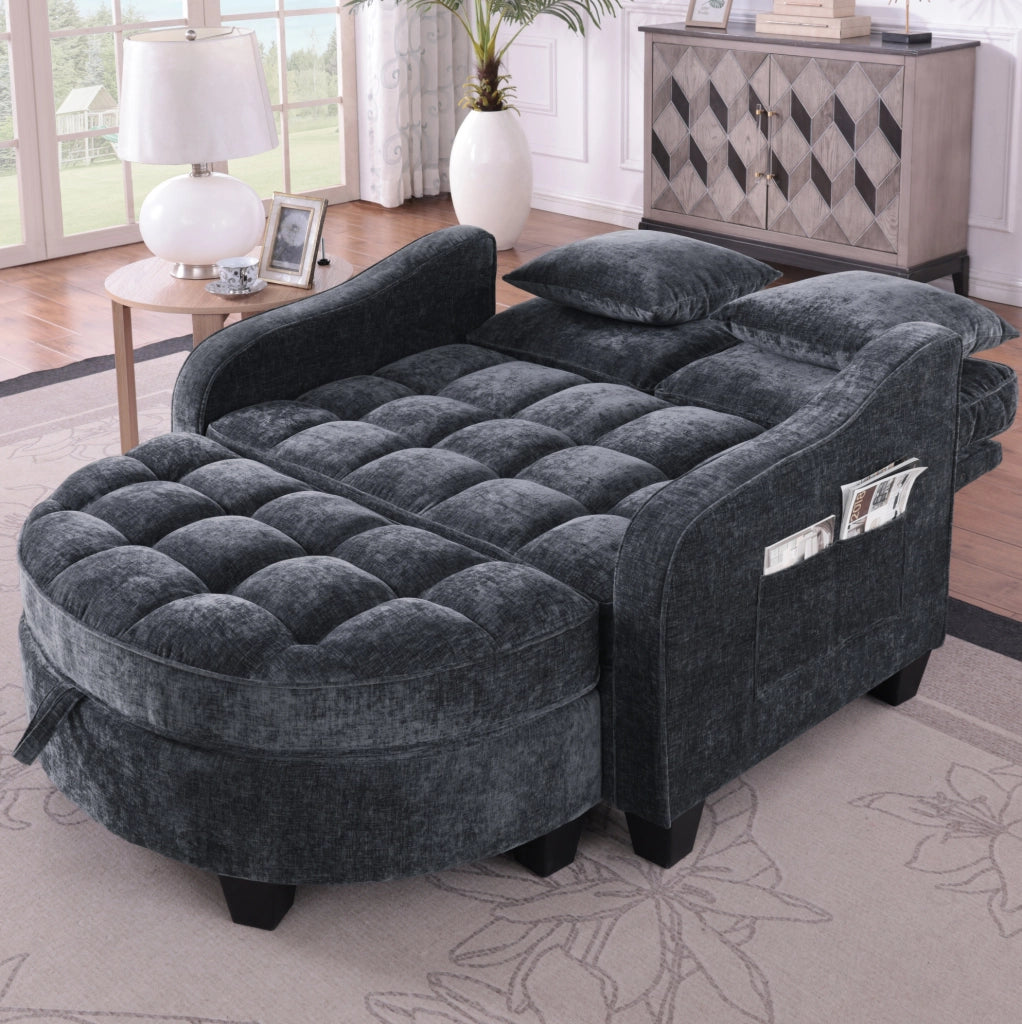 Divano letto 2 in 1 con pouf contenitore; 132x129x93 cm; eucalipto; nero
