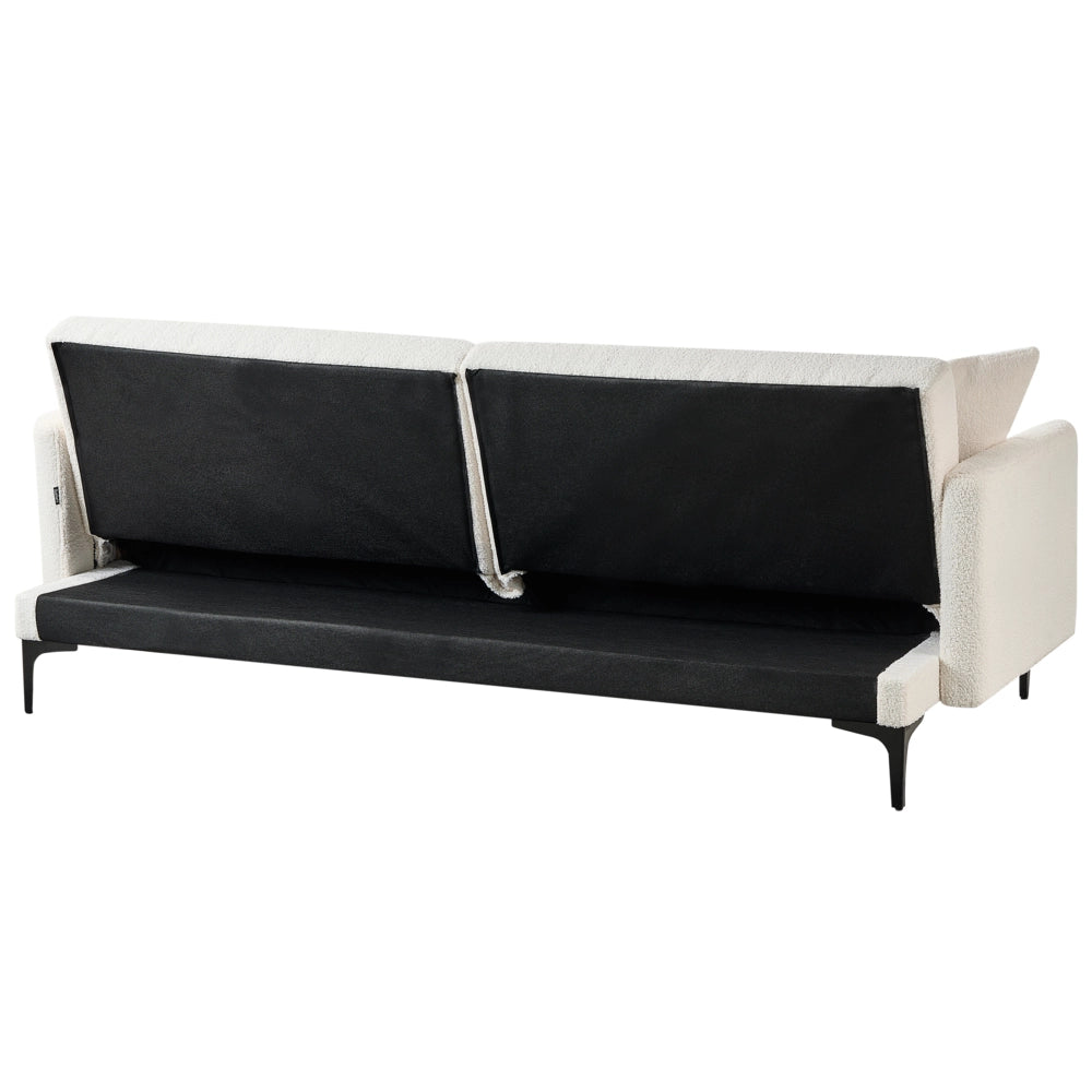 Divano letto moderno in tessuto bouclè bianco sporco a 3 posti con schienale con bottoni gambe nero design moderno scandinavo