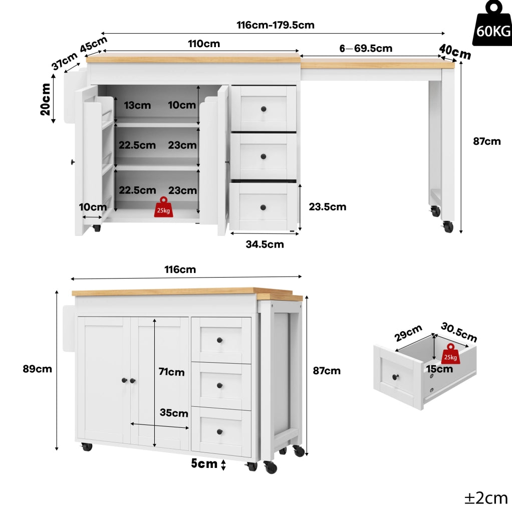 Isola cucina mobile estensibile con 3 cassetti, bianca