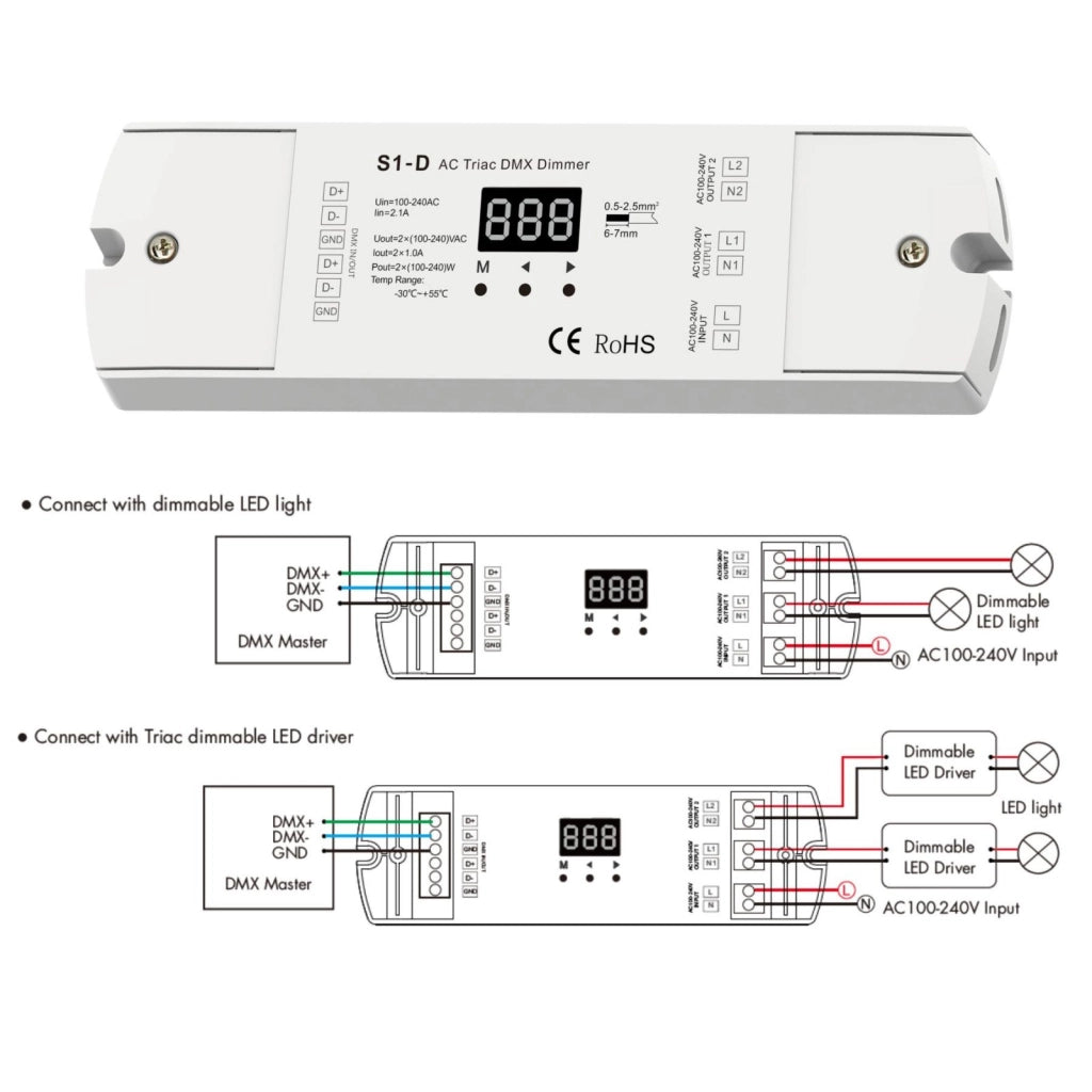 Dimmer DMX512 Triac 2 Canali per Lampade LED Dimmerabili 220V Taglio di Fase, Driver Triac, Alogene e Incandescenza, 1A/CH, RDM, S1-D