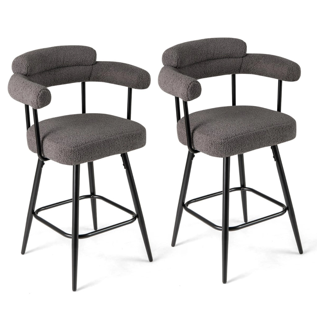Sedie moderne imbottite in boucle con gambe in metallo e poggiapiedi per isola cucina, Set di 2 sgabelli da bar girevoli Grigio-Sgabelli da bar