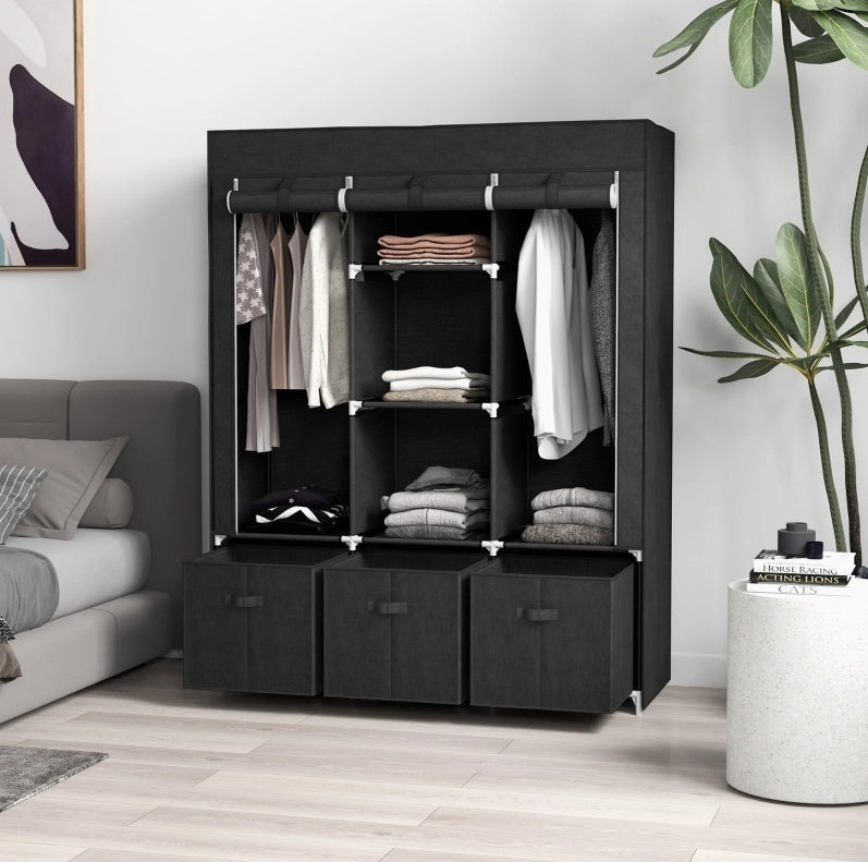 Armadio in tessuto 125x43x162.5 cm con 2 aste e 5 ripiani in acciaio nero