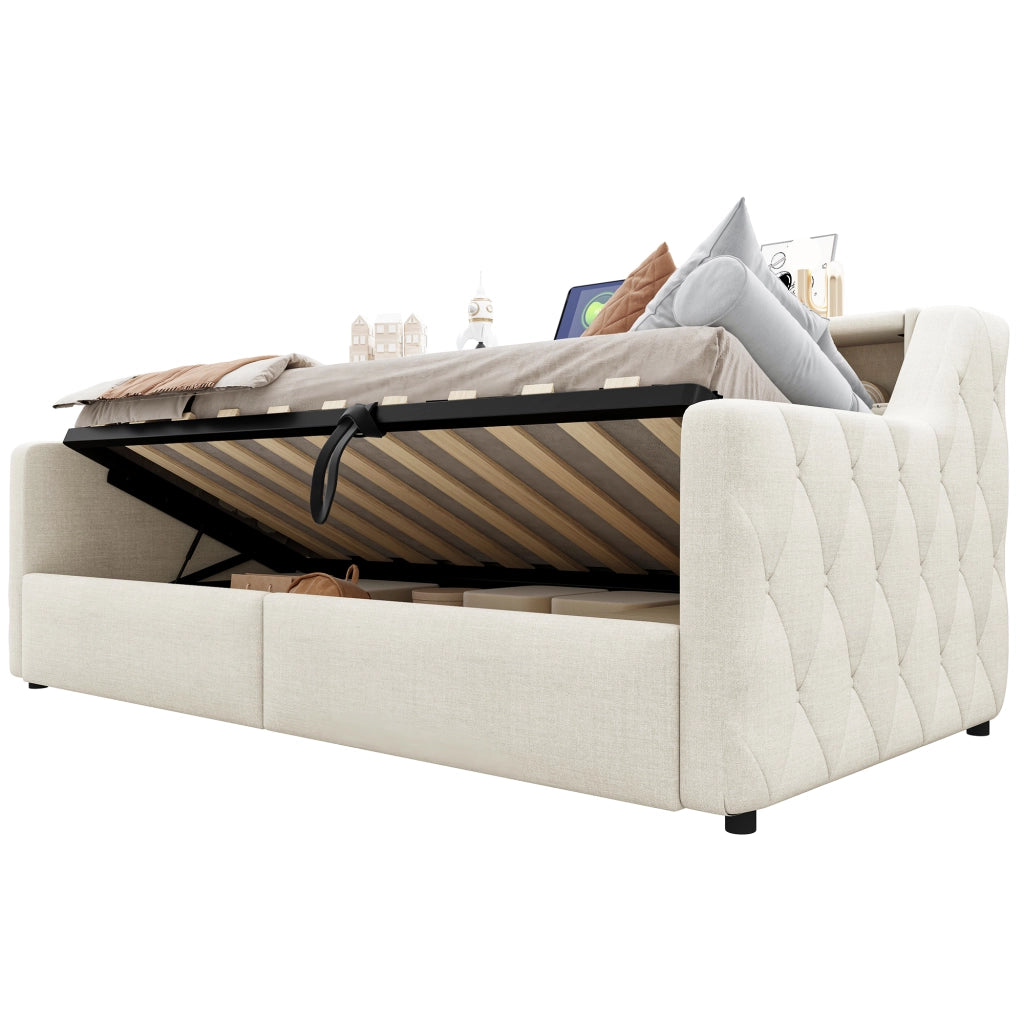 Daybed con LED, contenitore idraulico e USB, 90x200 cm, beige