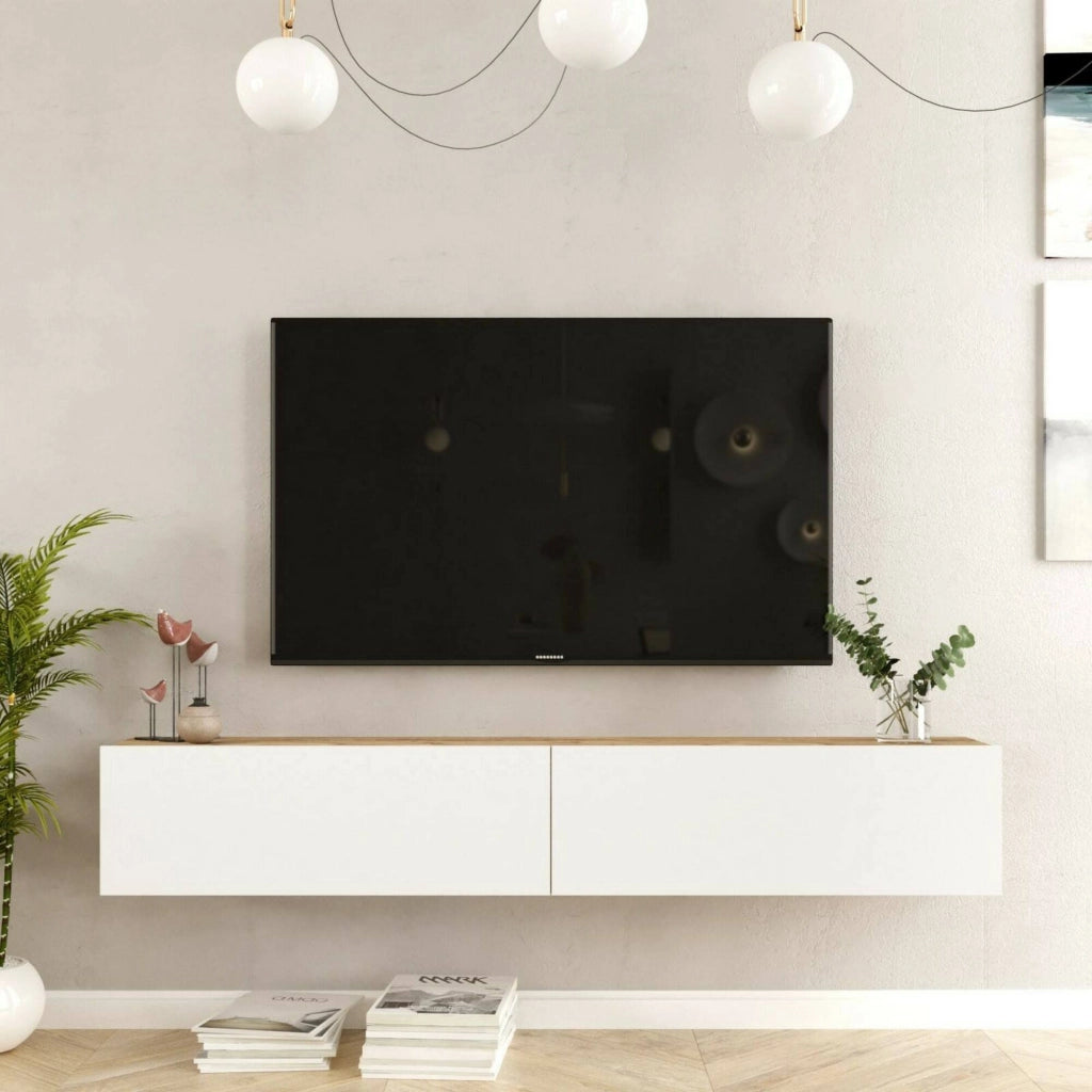 Mobile porta TV Pavone, Credenza da soggiorno, Armadio basso per TV, Base parete attrezzata, 180x32h30 cm, Quercia e Bianco