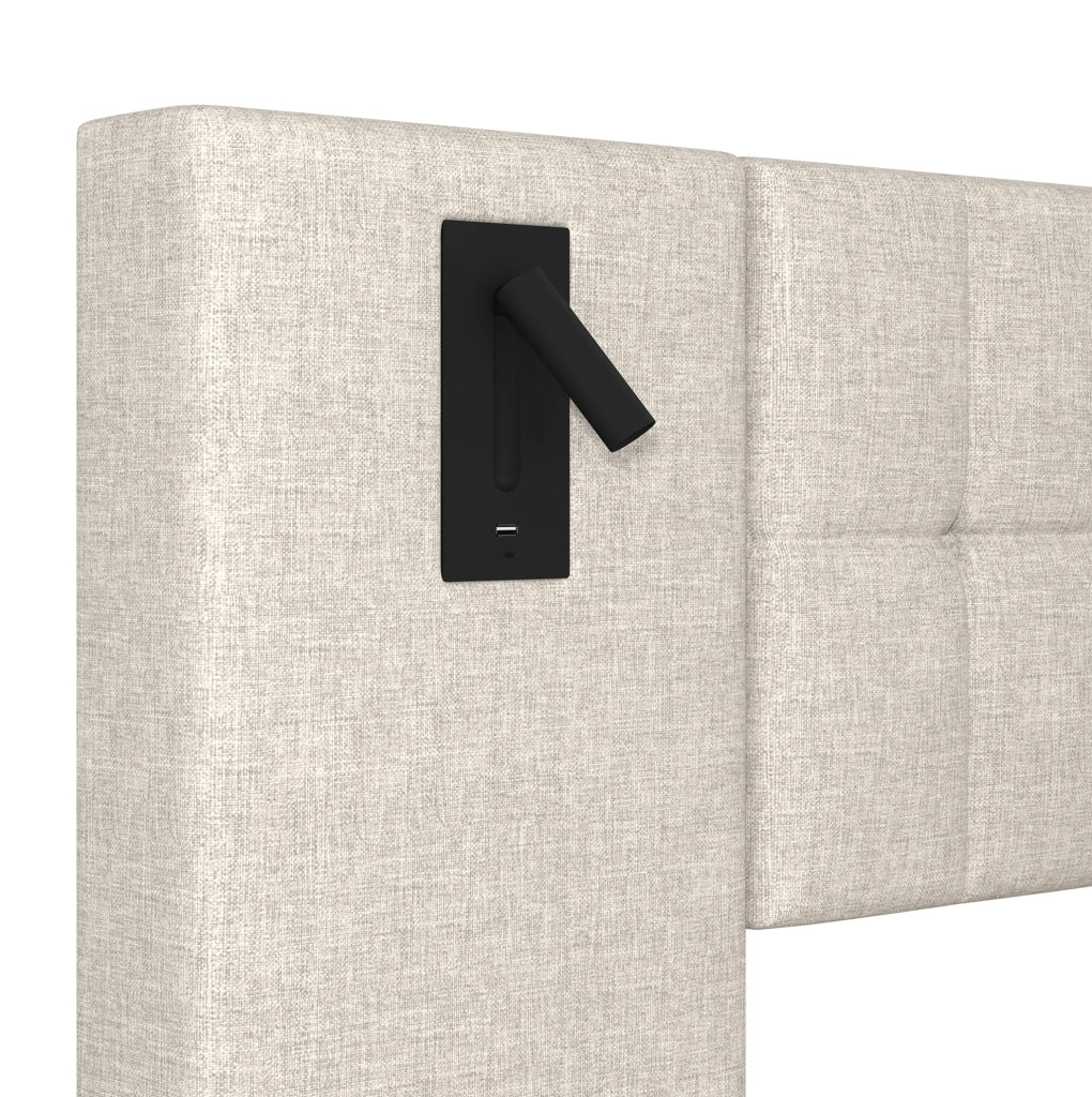 Letto imbottito 180x200 cm con LED; testiera con spot e USB; in lino beige