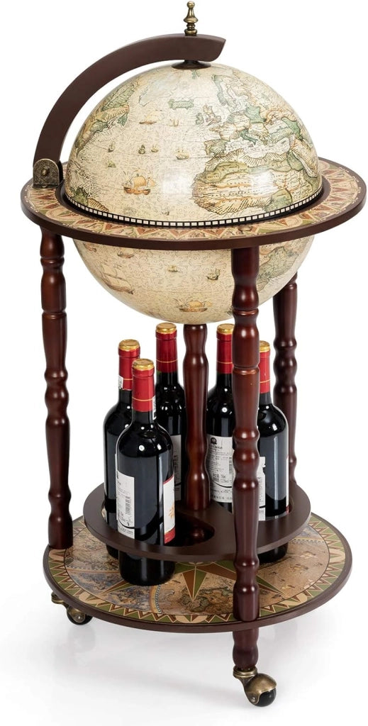 Porta Bottiglie di Vino con Ruote, Mappamondo Bar, Portabottiglie Vino in Legno Eucalipto, Carrello da Bar, Mini Bar con Ruote a Stile Classico (45 x 45 x 88 cm, beige)