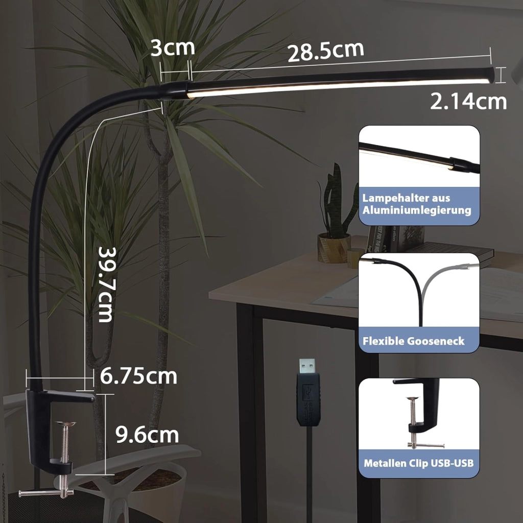 ZMH Lampada da tavolo LED nera 5W USB luce diurna orientabile per ufficio