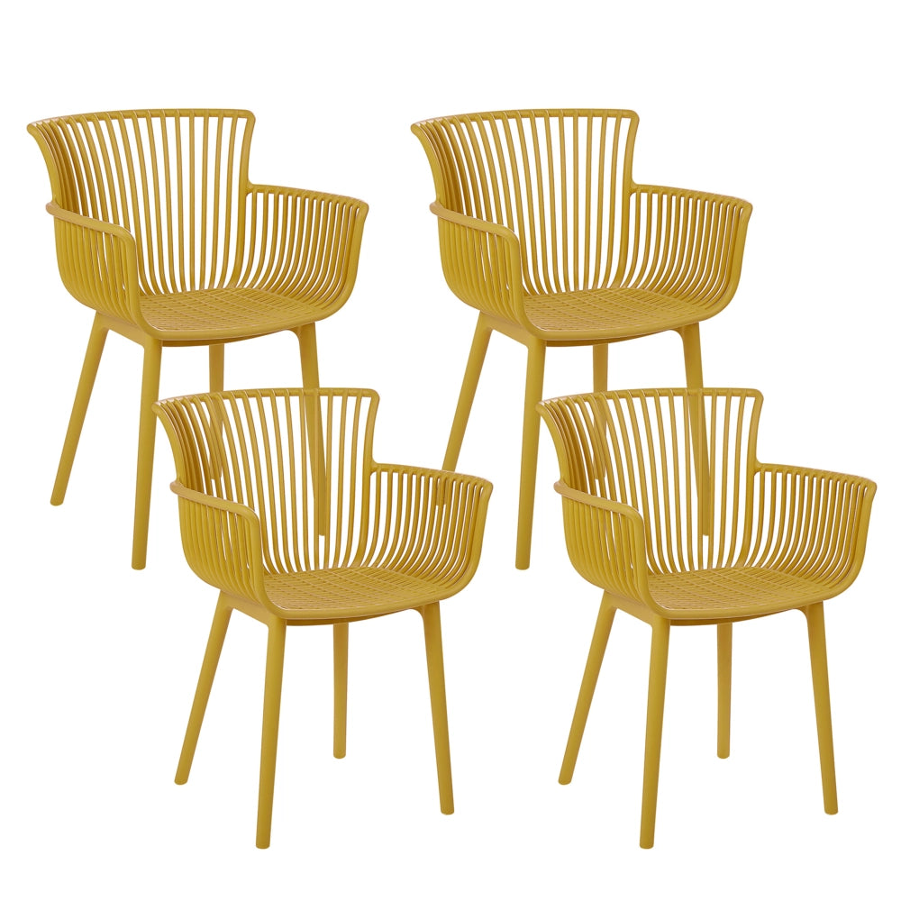 Set di 4 sedie da pranzo in plastica gialla per interni ed esterni da giardino con braccioli in stile minimalista