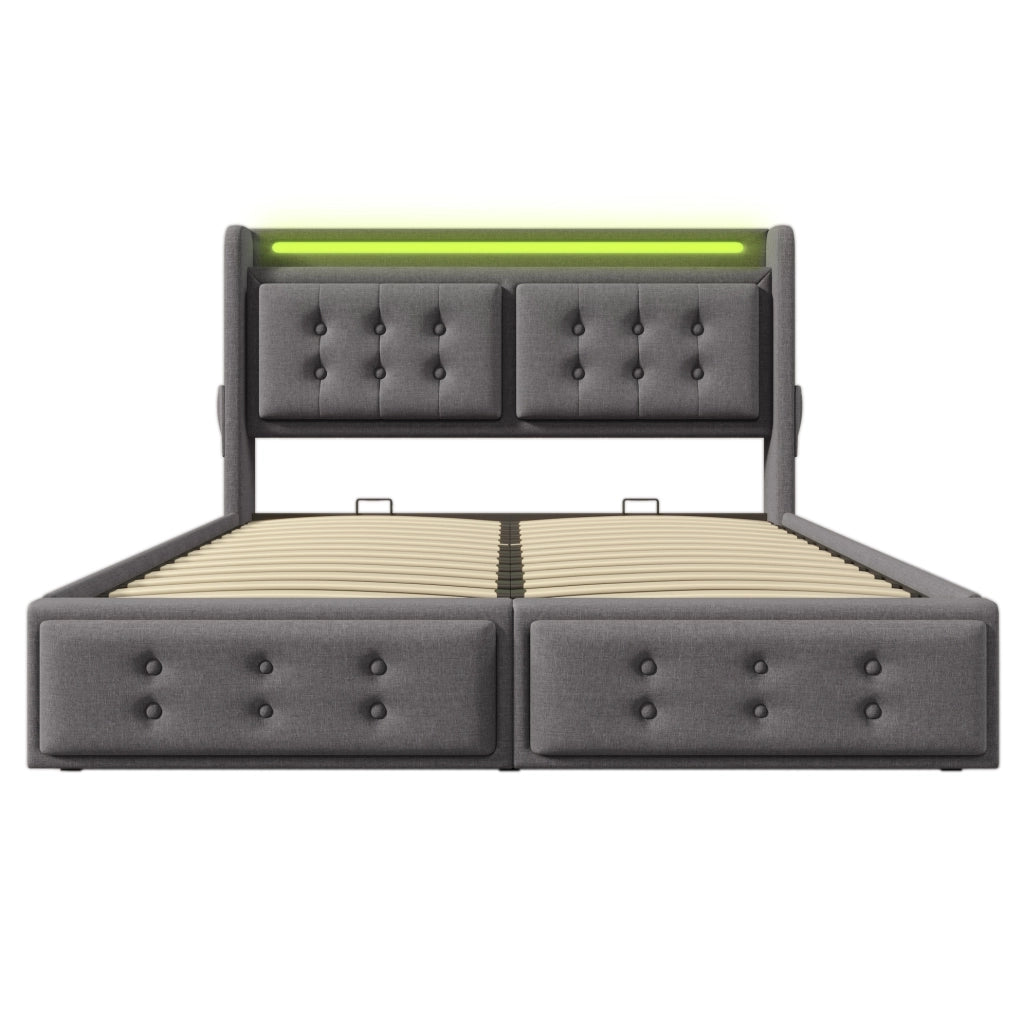 Letto imbottito 160x200 con testiera LED, prese e contenitore sollevabile
