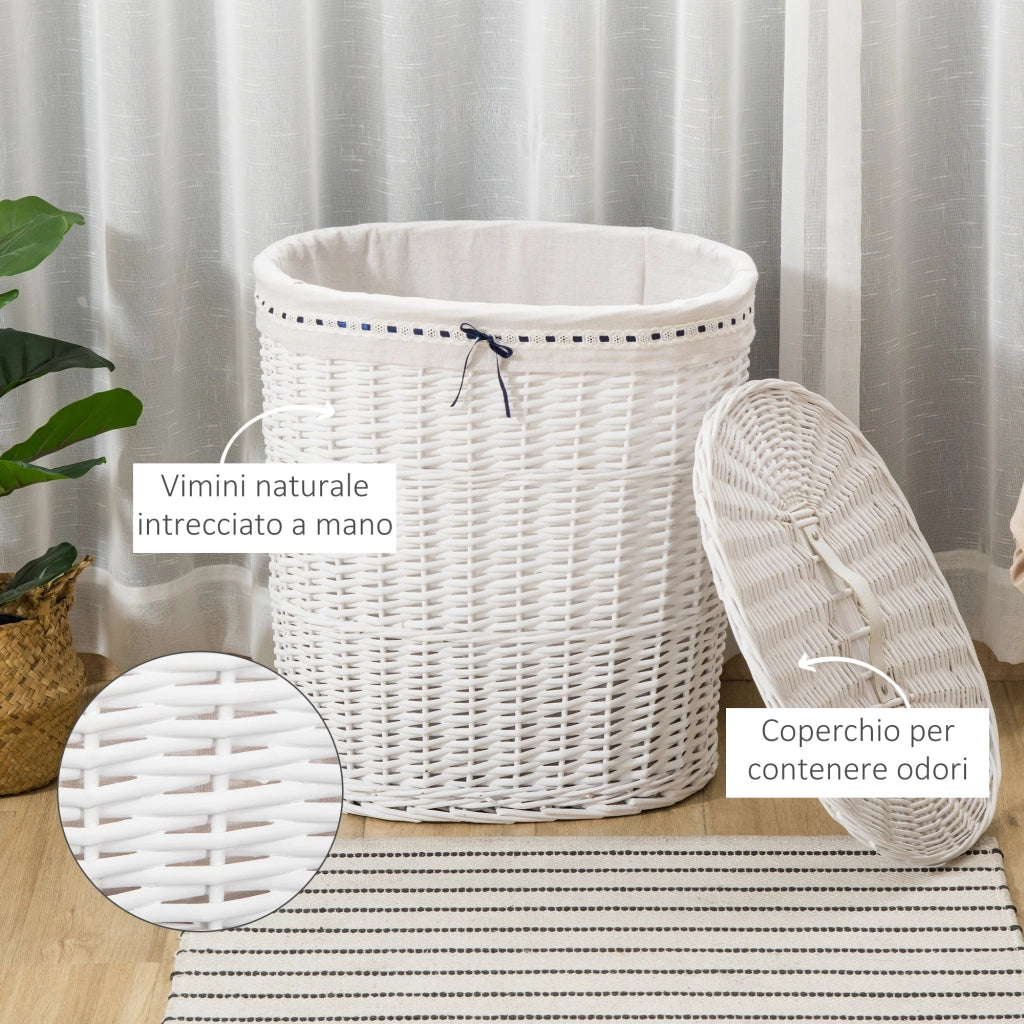 Cesto Portabiancheria 51x38x57 cm in Vimini con Coperchio e Sacco Interno Bianco