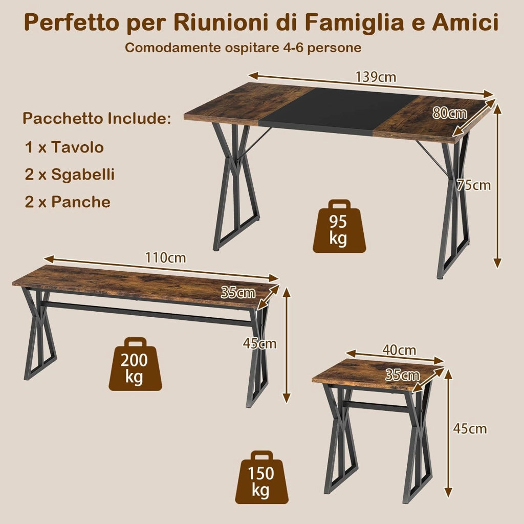 Set da Pranzo 5 Pezzi per 4-6 Persone, Tavoloda Cucina Rettangolare Industriale con 2 Panche e 2 Sgabelli, Set Pranzo Salvaspazio con Struttura in Metallo per Appartamento e Angolo Colazione