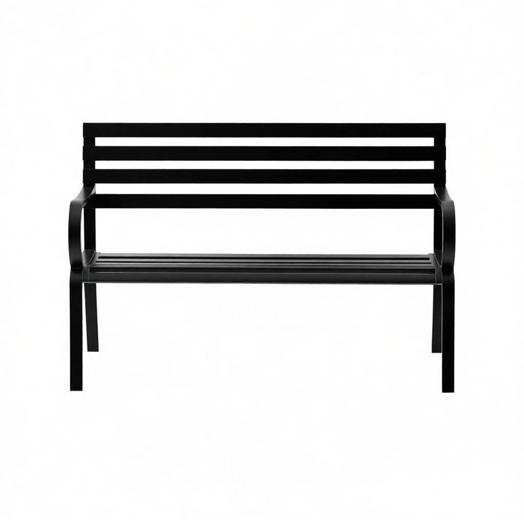 Panca da giardino in metallo nero 127x58x82 cm; 2 posti con braccioli