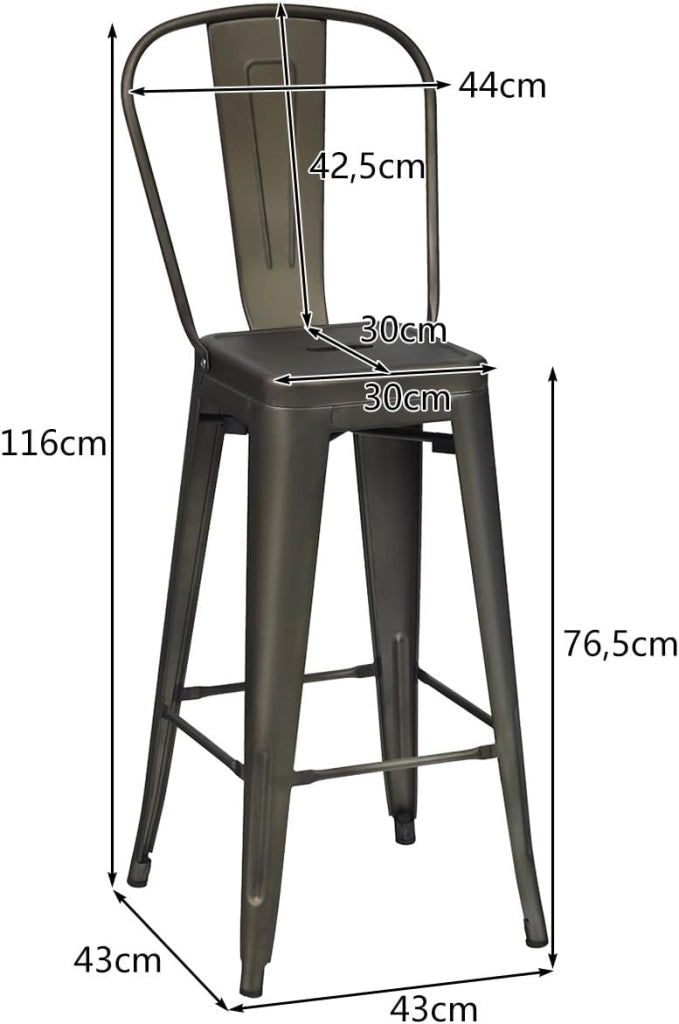 Sedie in Metallo da 76 cm, Set di 4 Sedie da Bar, Sedie in Metallo con Schienale Rimovibile, Sedie da Bar Laterali, per Interni ed Esterni