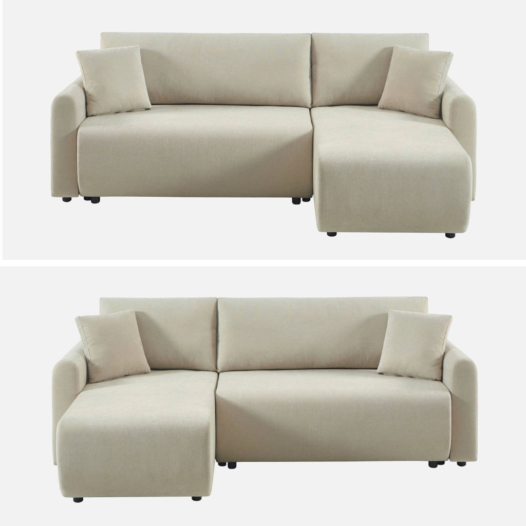 Divano angolare reversibile in tessuto con contenitore, 3 posti, beige