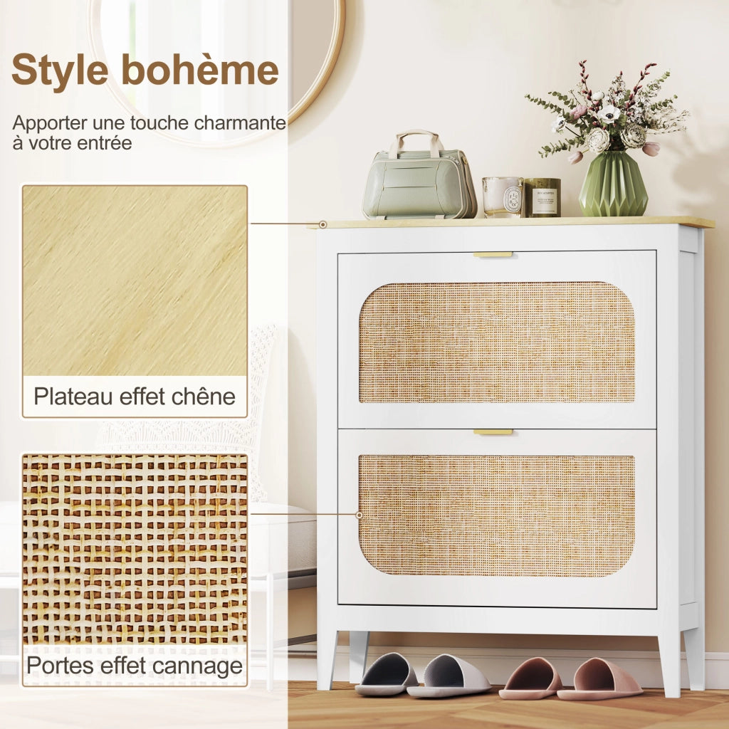 Scarpiera 14 Paia con 2 Ante Ribaltabili Effetto Rattan ¨C Xylo ¨C Bianco 80x24x95.5cm
