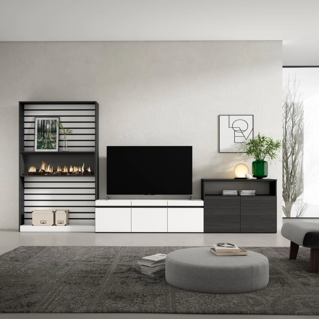 Mobile TV, Soggiorno, 360x35x186cm, Per TV fino a 65", Camino elettrico, Bianco e nero RF3187