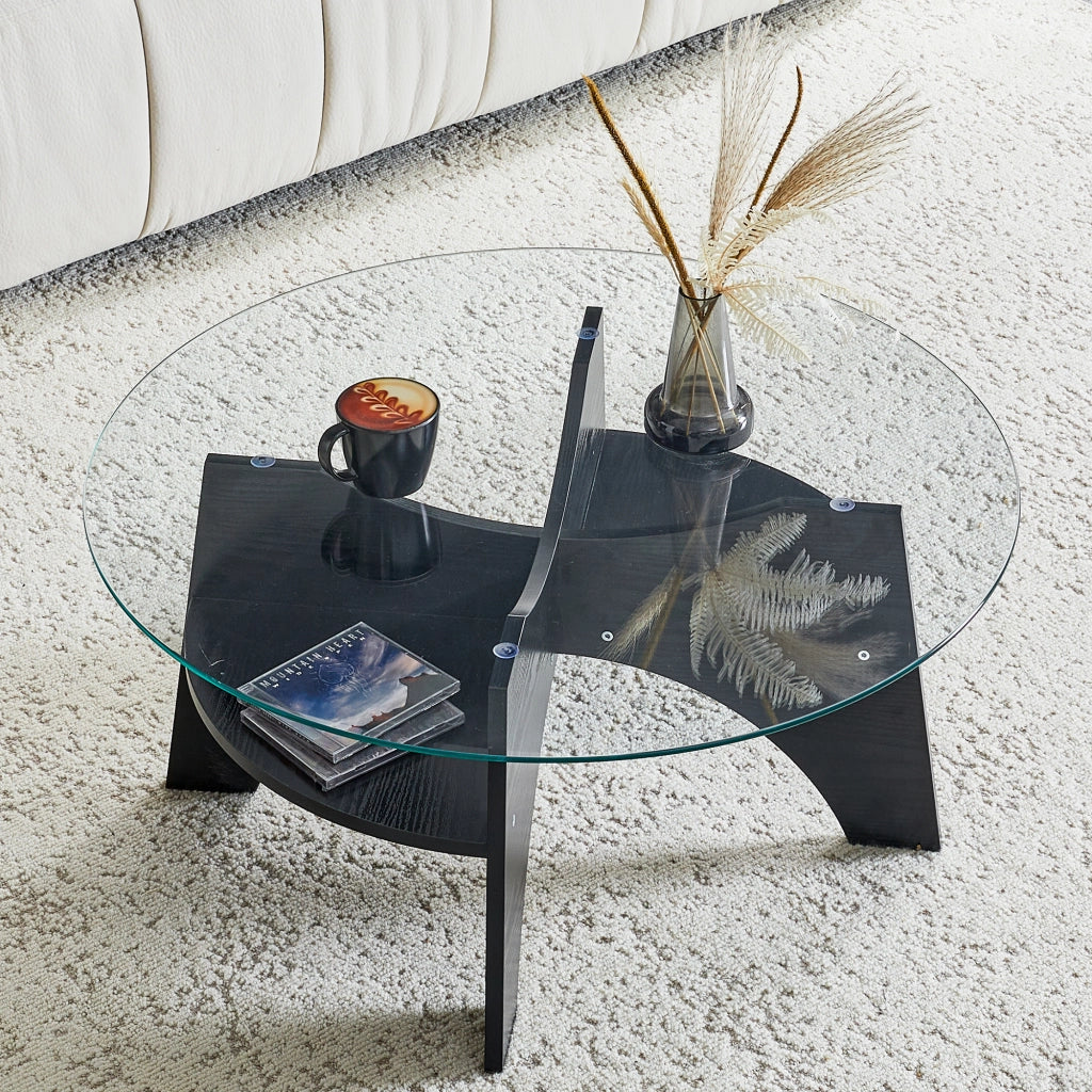 Tavolino da caffè rotondo con base in MDF e piano in vetro - per soggiorno - Ø 80 cm