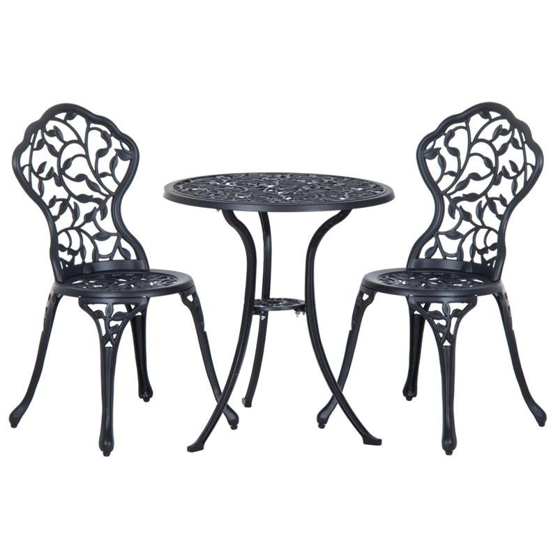 SET DA GIARDINO 3 PEZZI CON 2 SEDIE DA ESTERNO E TAVOLO ROTONDO IN ALLUMINIO, NERO
