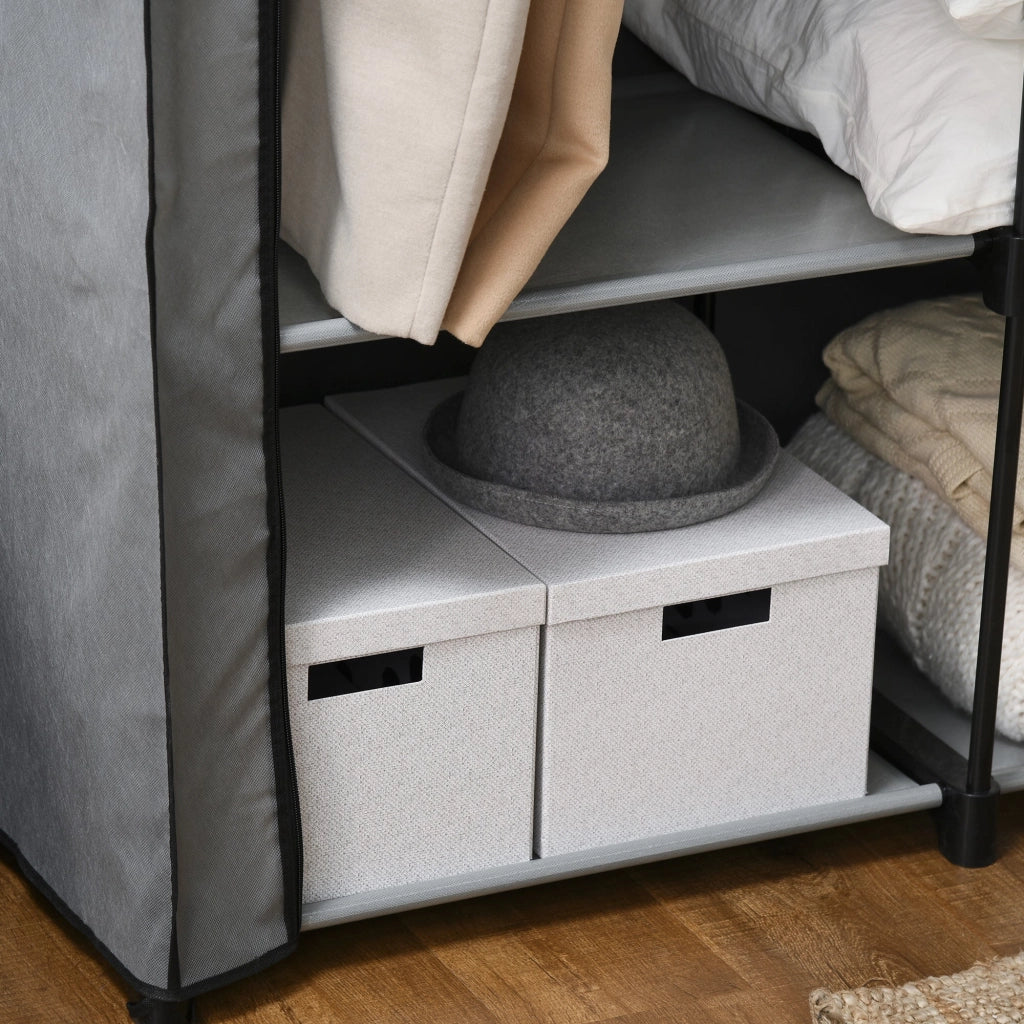 Armadio Guardaroba da Campeggio 118x49x170 cm 4 Ripiani Aperti e 2 Appendini in Tessuto non Tessuto Grigio