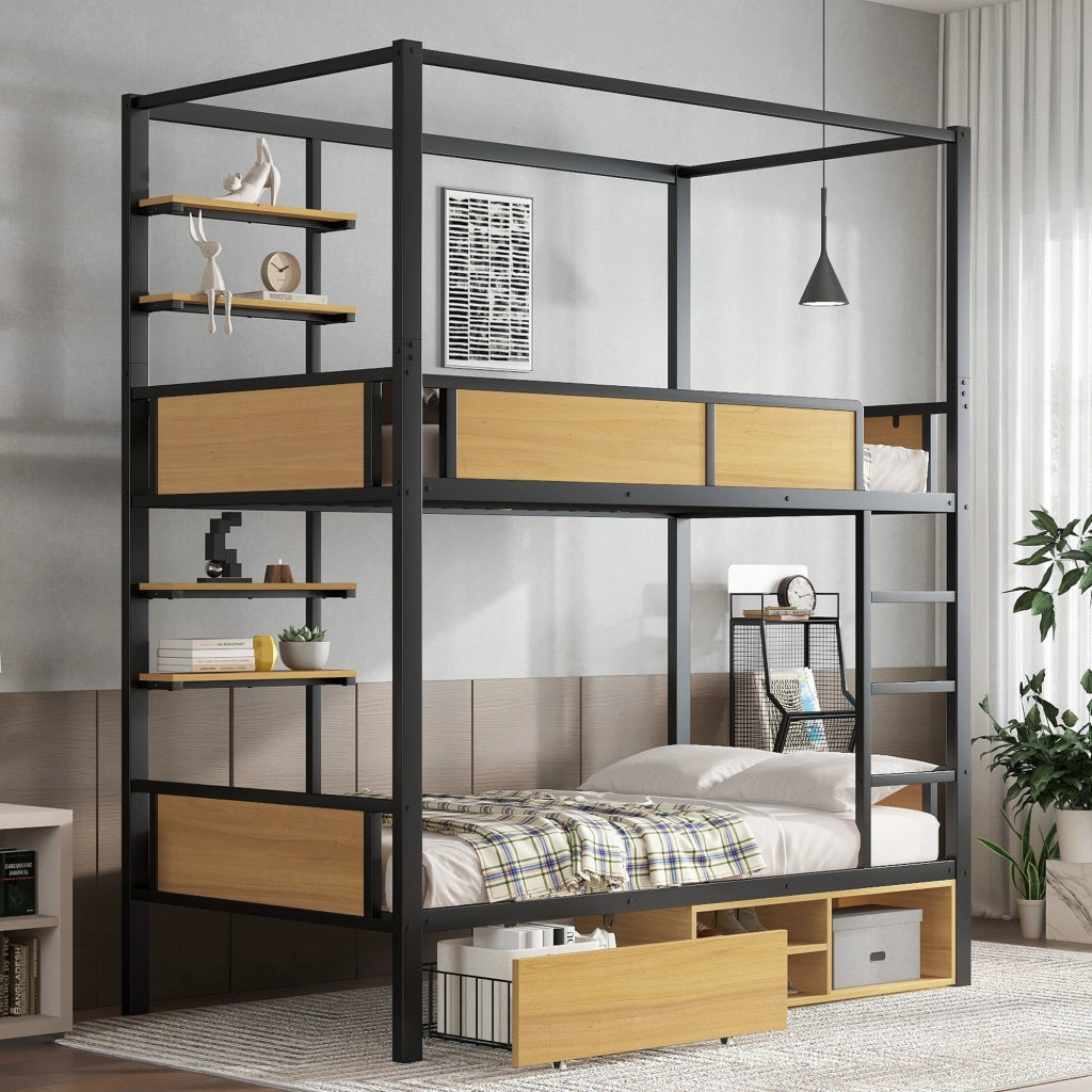 OKWISH Letto a castello 90×200 cm, Letto Singolo con 2 Ripiani Laterali, 2 Cassetti e Vano Contenitore, senza Materasso, MDF e Metallo, Nero e Naturale