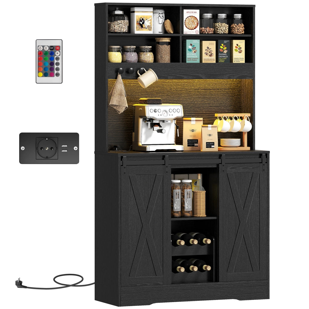 Credenza da Cucina Alta Stile Rustico con 2 Armadietti. Portabottiglie. Prese di Ricarica e Luci LED. Nero