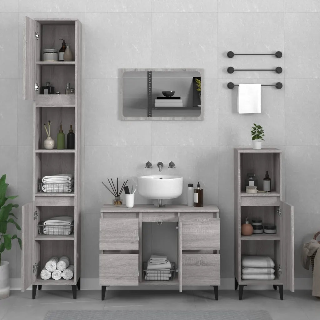 Set Mobili da Bagno | Armadio da bagno 3 pz Grigio Sonoma in Legno Multistrato