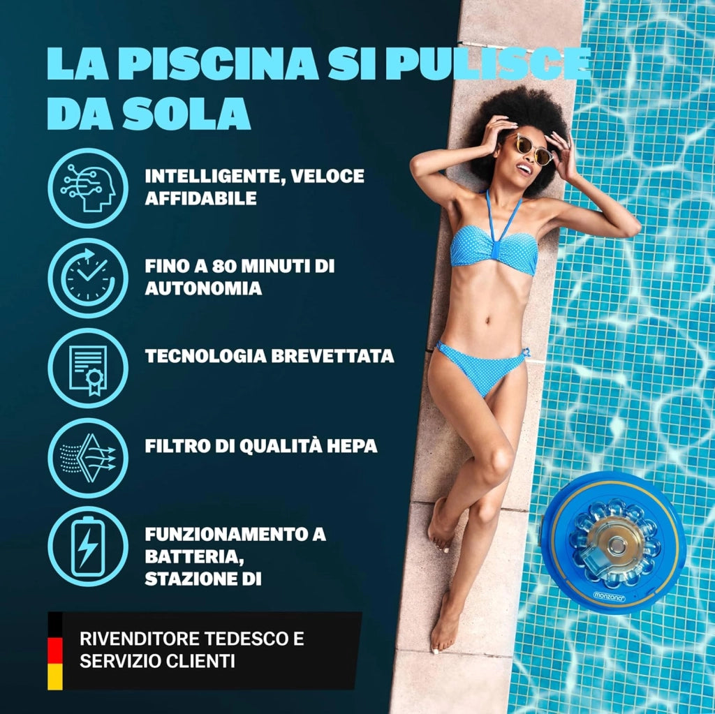 ® Robot Poolboy600 Pulizia Piscina Cordless Automatico 80 Min Batteria 5200mAh Li-Ion 80m² Aspiratore Robotico