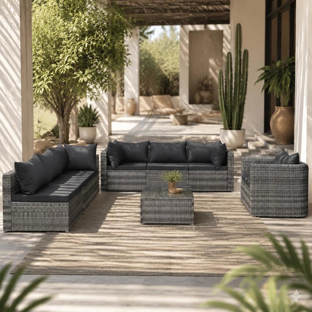 7-piece Garden Sofa Set With Cushions & Pillows, Poly Rattan Grey