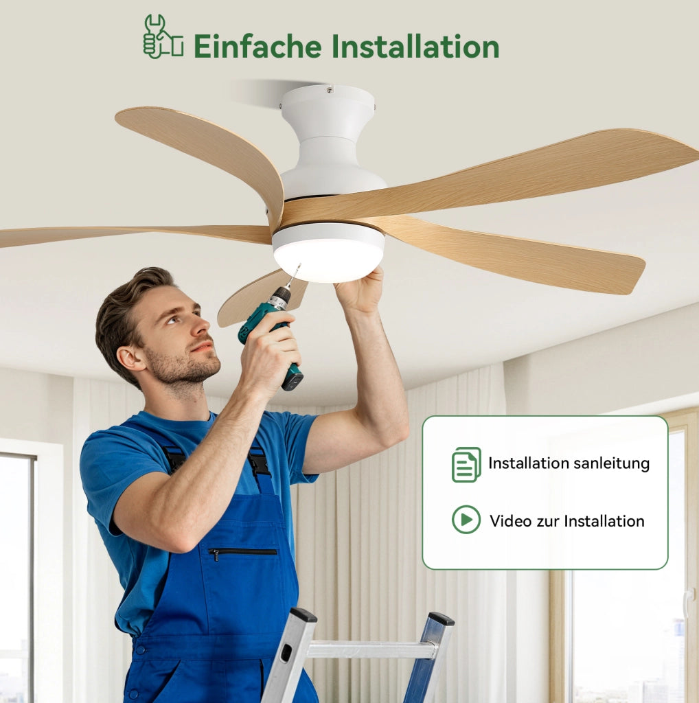 Ventilatore da soffitto con LED dimmerabile; motore DC reversibile e telecomando; bianco