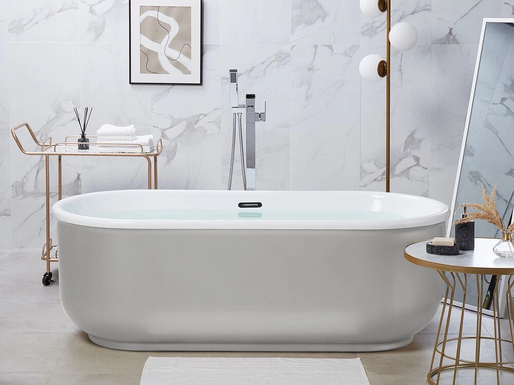 Vasca da bagno autoportante argento lucido sanitario acrilico singolo ovale moderno design minimalista