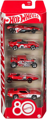 Hot Wheels - Set 5 Veicoli Core Mattel per l`80° Anniversario, macchinine in Scala 1:64 con Decorazioni e Confezione da