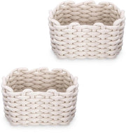 Set di contenitori in cotone tessuto a 2D - Contenitori in cotone a mano con cordoncino in cotone - Bianco - Multifunzionale per cucina, bagno, camera da letto - 20x15x12cm - Soluzione di stoccaggio per giocattoli, cosmetici, accessori