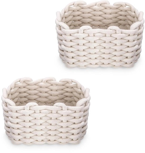 Set di contenitori in cotone tessuto a 2D - Contenitori in cotone a mano con cordoncino in cotone - Bianco - Multifunzionale per cucina, bagno, camera da letto - 20x15x12cm - Soluzione di stoccaggio per giocattoli, cosmetici, accessori