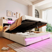 Letto matrimoniale 160x200 cm, con prese di ricarica, luci a LED, vano portaoggetti, beige