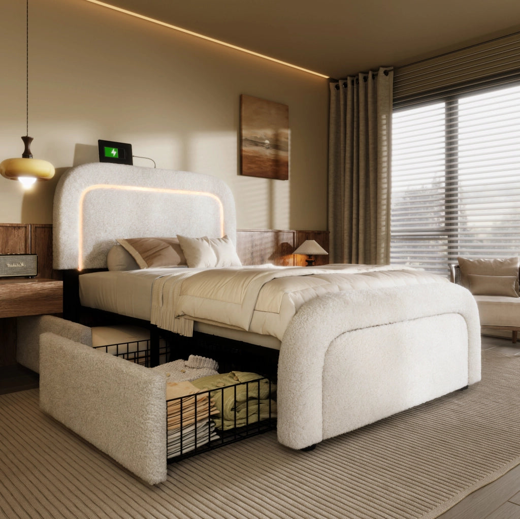 Letto singolo imbottito 90x200 cm in Sherpa bianco con USB Type-C; LED e 2 cassetti