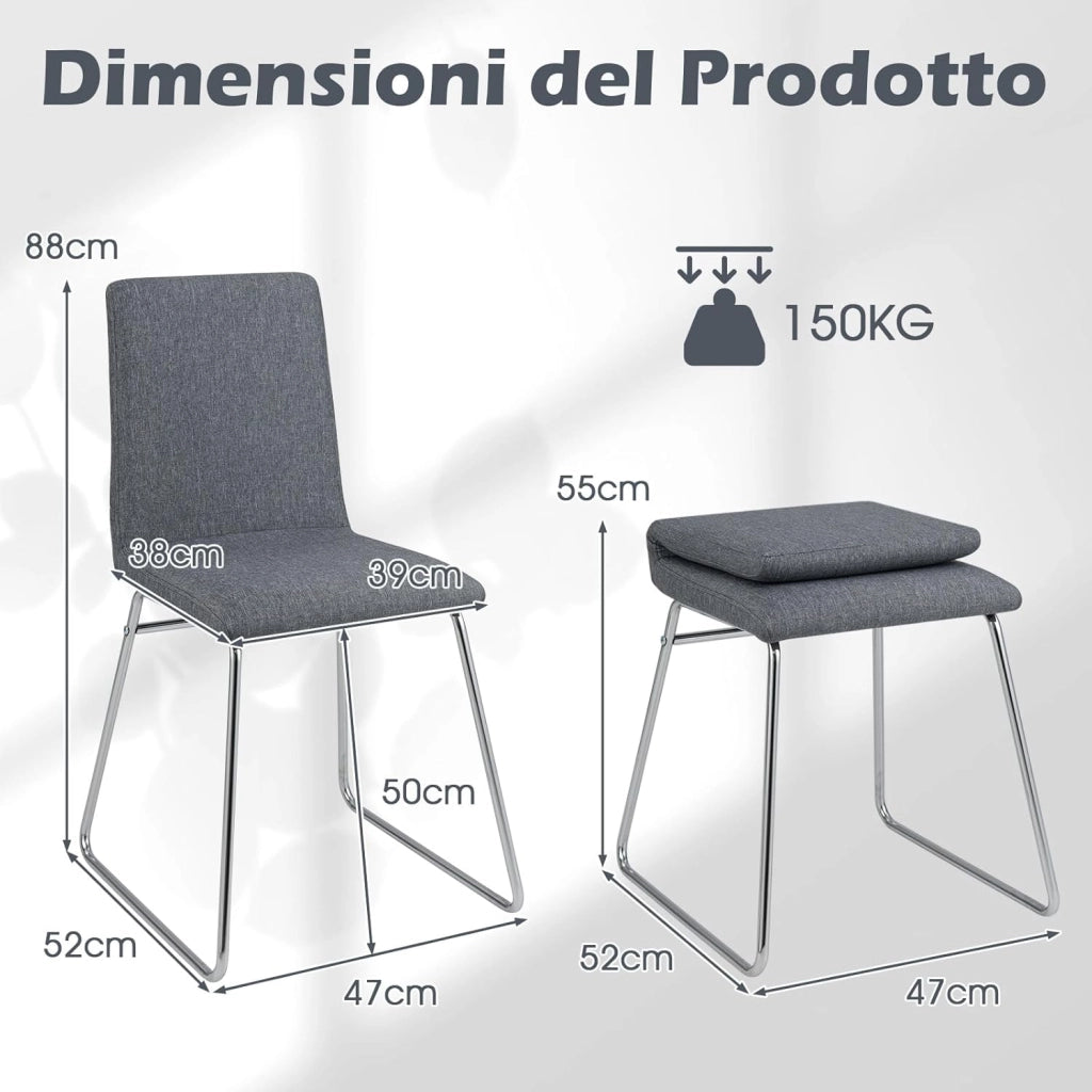 Set di 2 Sedie per Sala da Pranzo 52 x 47 x 88 cm, Sedie Imbottite per Cucina con Schienale Pieghevole e Struttura in Metallo, Adata per Ristorante, Grigio
