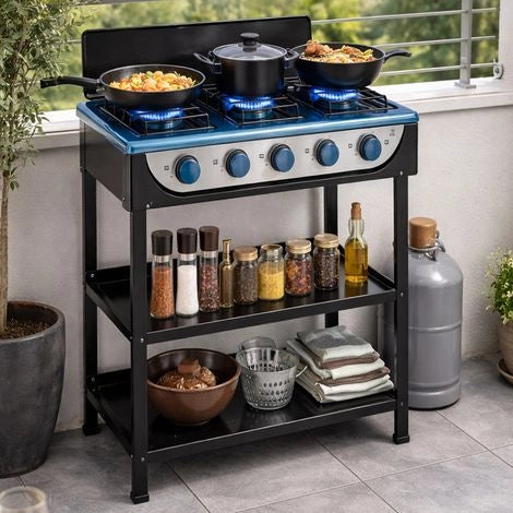 Staylux cucina 5 fuochi gpl con 2 ripiani, libera installazione per uso esterno ed interno, colore nero, dimensioni 65x49xh92 cm