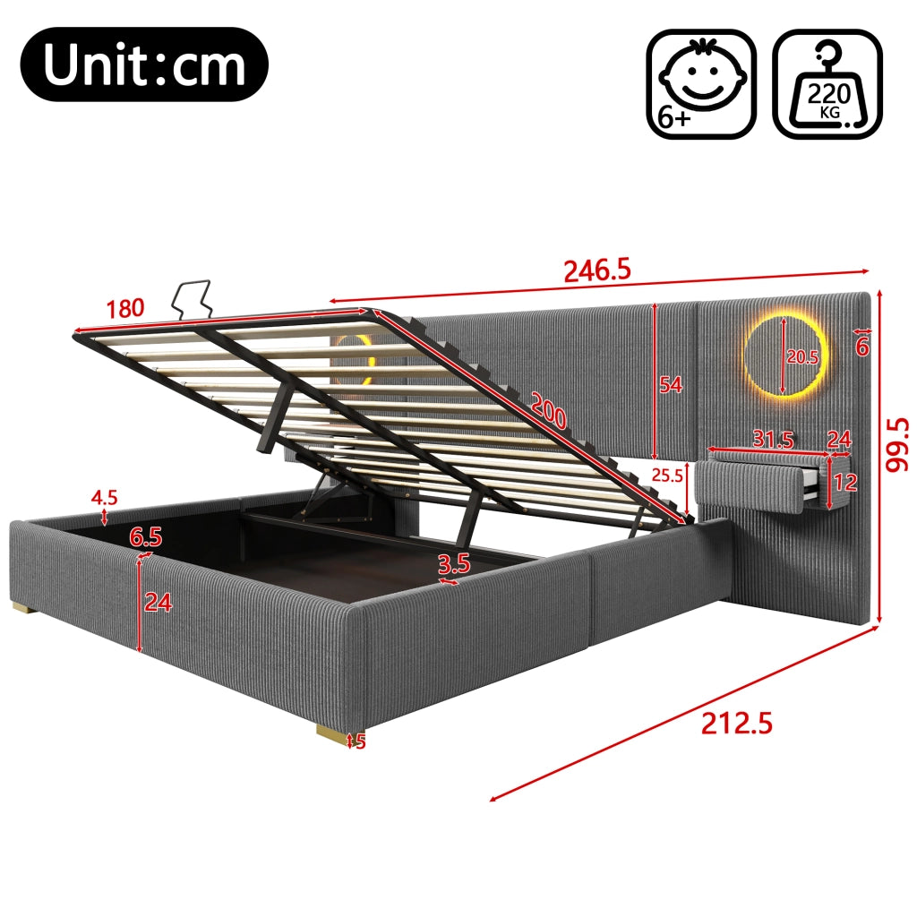 Letto Contenitore 180x200 cm con USB; LED e sollevamento idraulico; in Velluto; Grigio